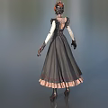 Game Fantasy Character In Gray Dress With Pink Trim Bonnet Lace Gloves And Black Boots
