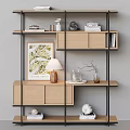Modern Wooden Decorative Cabinet with Metal Frame Open Shelves Displaying Books Lamp Sculpture and Vase