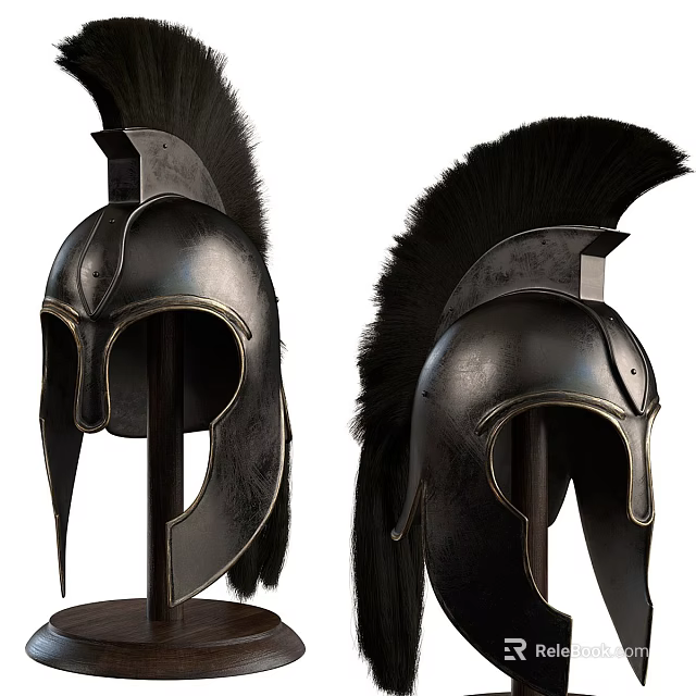 Ancient Style Metal Helmets With Black Feather Plumes On Display Stands 3d model 