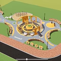Park Landscape With Children's Play Equipment Yellow Slides Rotating Structures Green Trees And Lawns