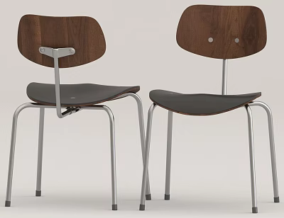 Two Stylish Leisure Chairs With Walnut Wooden Backrest Dark Seat And Silver Metal Legs 3d model