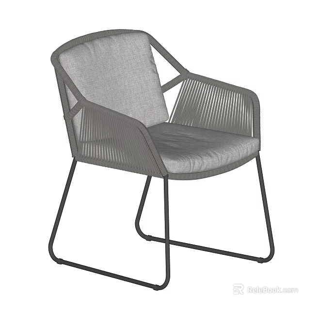 Modern Leisure Chair with Black Metal Frame Woven Design and Gray Cushion 3d model 