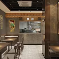 Traditional Chinese Restaurant Interior With Wooden Tables Chairs Bar Counter And Circular Wall Decorations