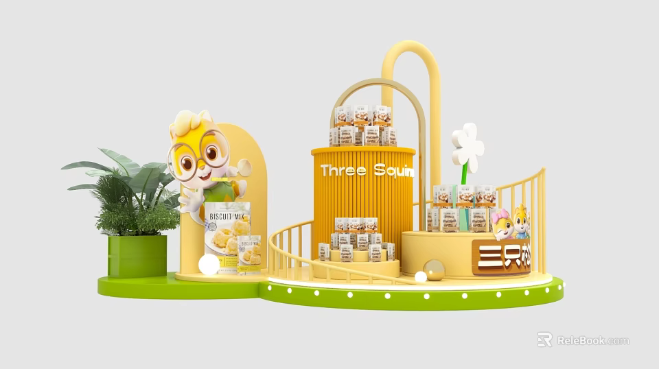 Three Squirrels Snack Display With Yellow Stand Green Plants And Cartoon Character 3d model 