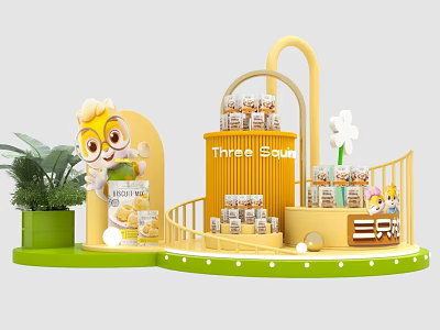 Three Squirrels Snack Display With Yellow Stand Green Plants And Cartoon Character 3d model