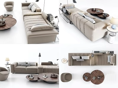 Modern Sofa And Coffee Table Set With Beige Upholstery And Wooden Round Tables 3d model