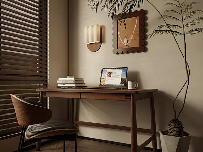 Cozy Restaurant Interior With Dining Table Chairs Green Plant Table Lamp And Blinds 3d model