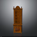 Red Wooden Cabinet With Glass Doors Drawers And Decorative Top