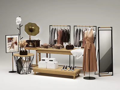 Clothing Hangers With Hanging Apparel Shoes And Decorative Items In Modern Retail 3d model
