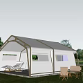 Camping White Tent on Green Grass with Trees Interior Sofa and Outdoor Chairs