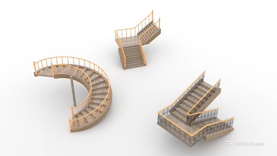 Different Staircase Designs With Spiral L Shaped Structures And Decorative Railings 3d model