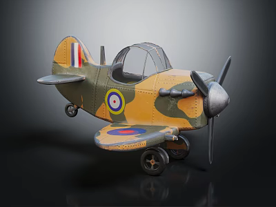 Camouflage Toy Airplane Model Royal Air Force Roundel Insignia Propeller Cockpit Dark Background Reflective Surface 3d model