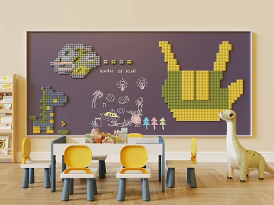 Children's Table In Playroom With Colorful Chairs And Dinosaur Decor 3d model