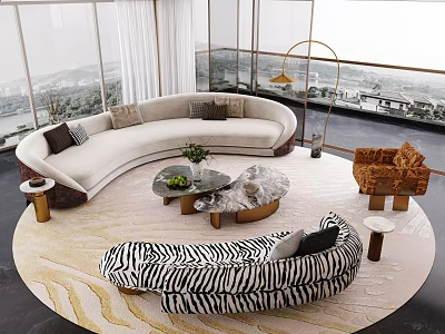 Modern Curved Sofa And Coffee Table Set With Zebra Print Chair Floor Lamp And Rug 3d model