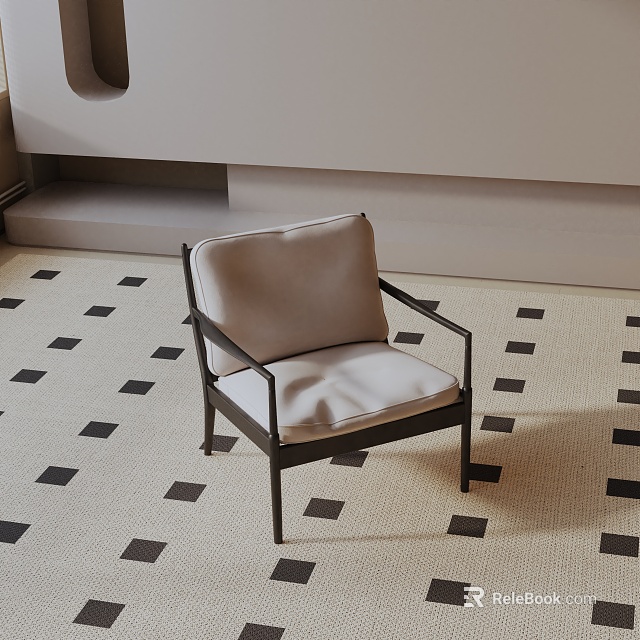 Modern Accent Chair With Light Gray Upholstered Seat And Black Metal Frame On Checkered Carpet 3d model 