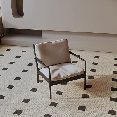 Modern Accent Chair With Light Gray Upholstered Seat And Black Metal Frame On Checkered Carpet 3d model