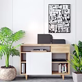 Wooden And White Decorative Cabinet With Green Plants Books Laptop And Black White Geometric Painting