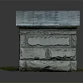 Weathered Stone Structure Featuring Carved Details Columns Wooden Door And Gray Roof