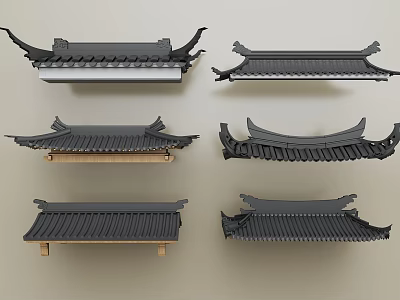 Traditional Chinese Architectural Roof Components Featuring Various Eave Styles And Black Tiles 3d model