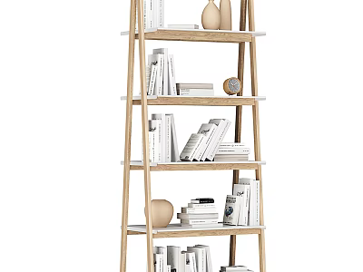 Wooden Ladder Style Bookcase With Books And Decorative Items On Multi Tiered Shelves 3d model