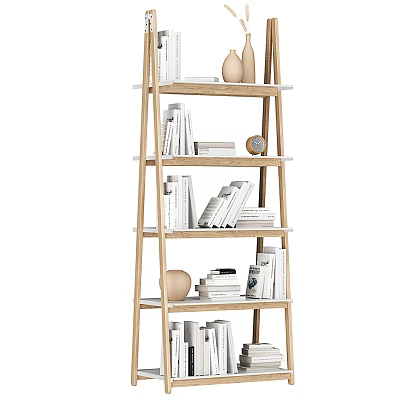 Wooden Ladder Style Bookcase With Books And Decorative Items On Multi Tiered Shelves 3d model