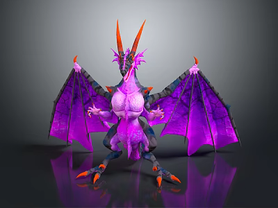 Purple Fantasy Dragon Character With Orange Horns Sharp Claws And Purple Wings 3d model