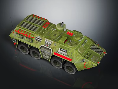 Green Six Wheeled Military Armored Vehicle With Roof Equipment And Ventilation Grilles 3d model