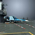 Aircraft Carrier Deck Featuring Blue Fighter Jets Control Tower And Red White Marker Lines