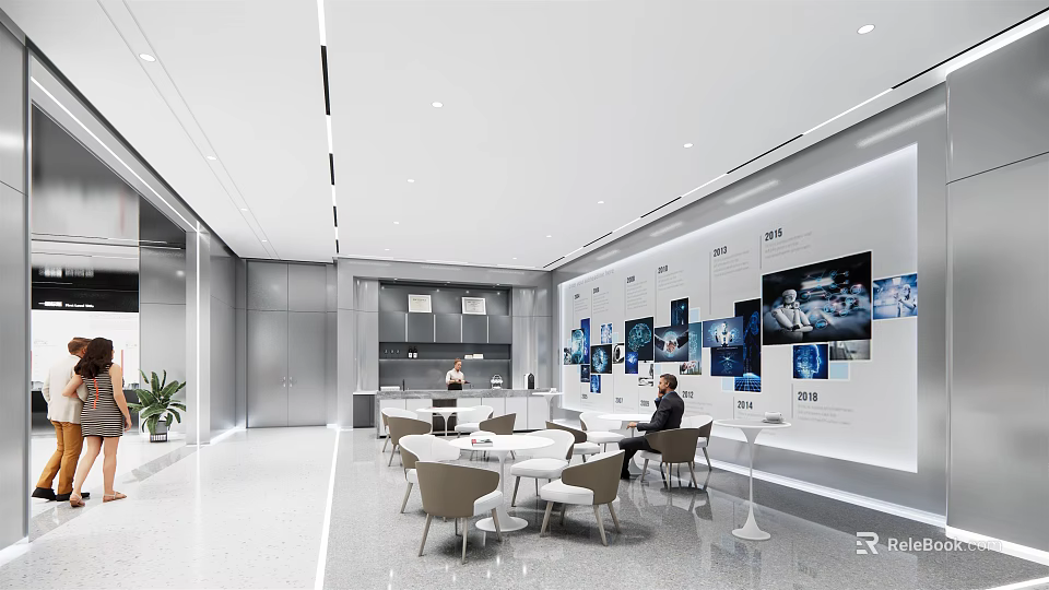 Modern Pantry Interior With White Tables Chairs And Decorative Wall Art 3d model 