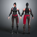 Detailed 3D Model Of Female Warrior With Black Armor Red Accents Front And Back View