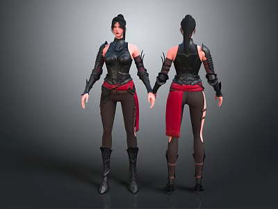 Detailed 3D Model Of Female Warrior With Black Armor Red Accents Front And Back View 3d model