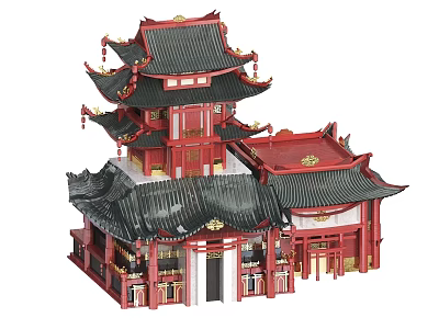 Traditional Chinese Ancient Architecture With Tiered Structure Overhanging Eaves Red Walls And Black Roofs 3d model