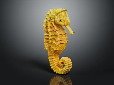 Detailed Yellow Seahorse Sculpture With Intricate Textured Body And Curled Tail 3d model