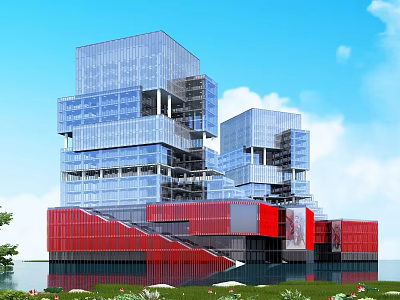 Modern Glass Office Building With Unique Stacked Structure Red Base And Waterfront Greenery 3d model