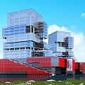 Modern Glass Office Building With Unique Stacked Structure Red Base And Waterfront Greenery