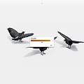 Three Black Flying Birds Spreading Wings and Opening Beaks Against White Background