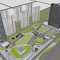 Modern Commercial Complex Design With High rise Buildings Green Open Spaces And Central Roadway