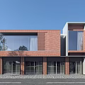 Modern Two Story Sales Office Building With Red Brick Exterior And Glass Windows Fronting Trees