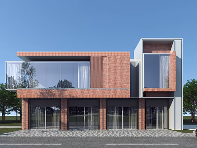 Modern Two Story Sales Office Building With Red Brick Exterior And Glass Windows Fronting Trees 3d model
