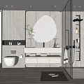 Modern Bathroom Interior Design With Round Mirror White Vanity Marble And Glass Shower