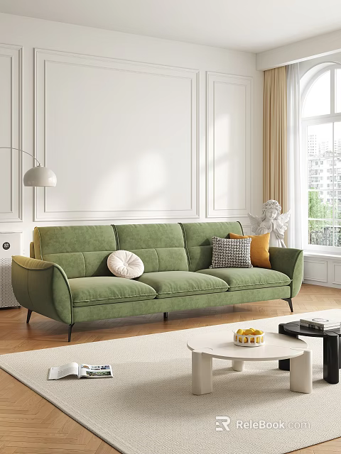 Green Two Seater Sofa With Gray Checkered Orange And White Cushions In Modern Living Room 3d model 