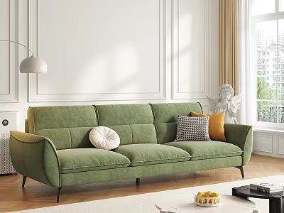 Green Two Seater Sofa With Gray Checkered Orange And White Cushions In Modern Living Room 3d model