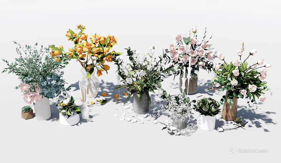 Floral Arrangements In Various Vases With Orange Pink Flowers And Green Foliage 3d model 