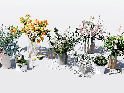 Floral Arrangements In Various Vases With Orange Pink Flowers And Green Foliage 3d model