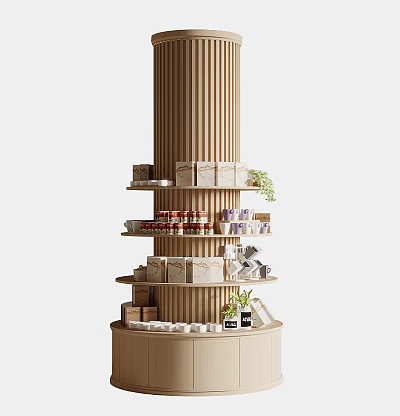Wooden Striped Column with Multi Tiered Shelves Displaying Boxes Jars Cups and Green Plants 3d model