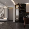 Modern Living and Dining Area With Black Sofa Beige Rug And Abstract Artwork