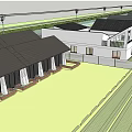 Rural Homestay Building With Farmland High Voltage Tower Small Buildings And Water Area