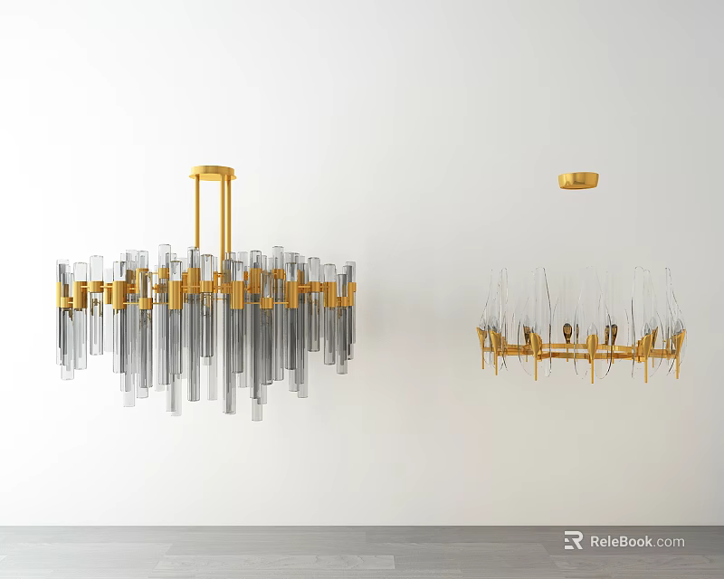 Modern Gold Chandeliers with Transparent Glass Elements and Metal Frames 3d model