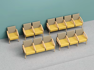 Yellow And Beige Armchairs With Wooden Frames Arranged Against Green Wall On Gray Floor 3d model