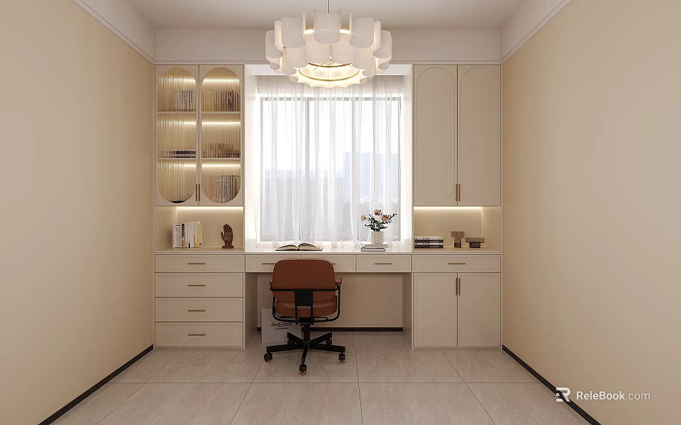 Modern Home Office Desk Interior With Bookshelves Window Chandelier And Chair 3d model 